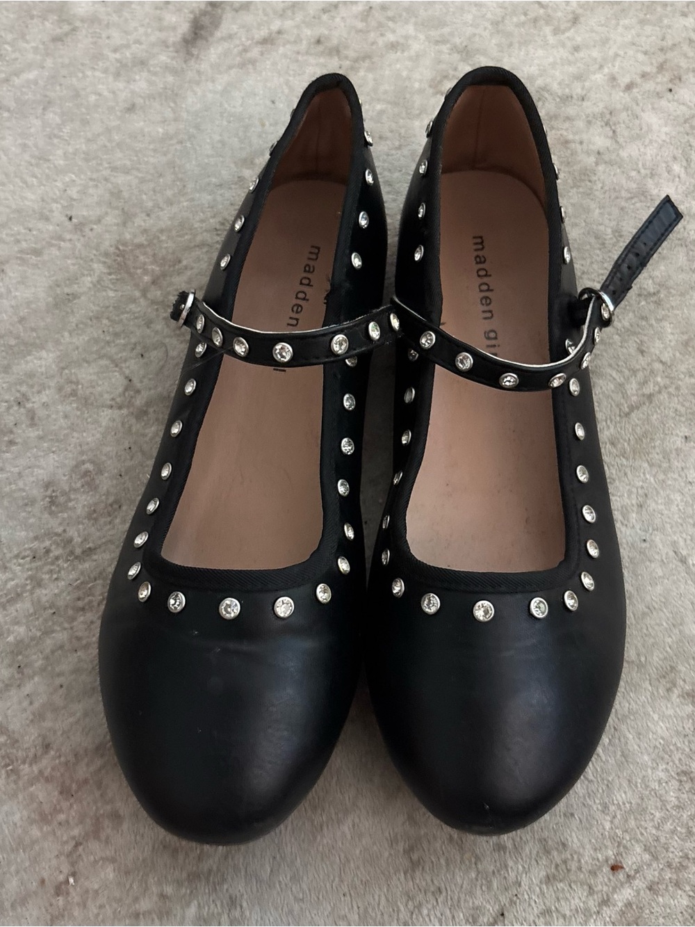 Madden Girl Black Studded Mary Jane Flats with Rhinestone Accents